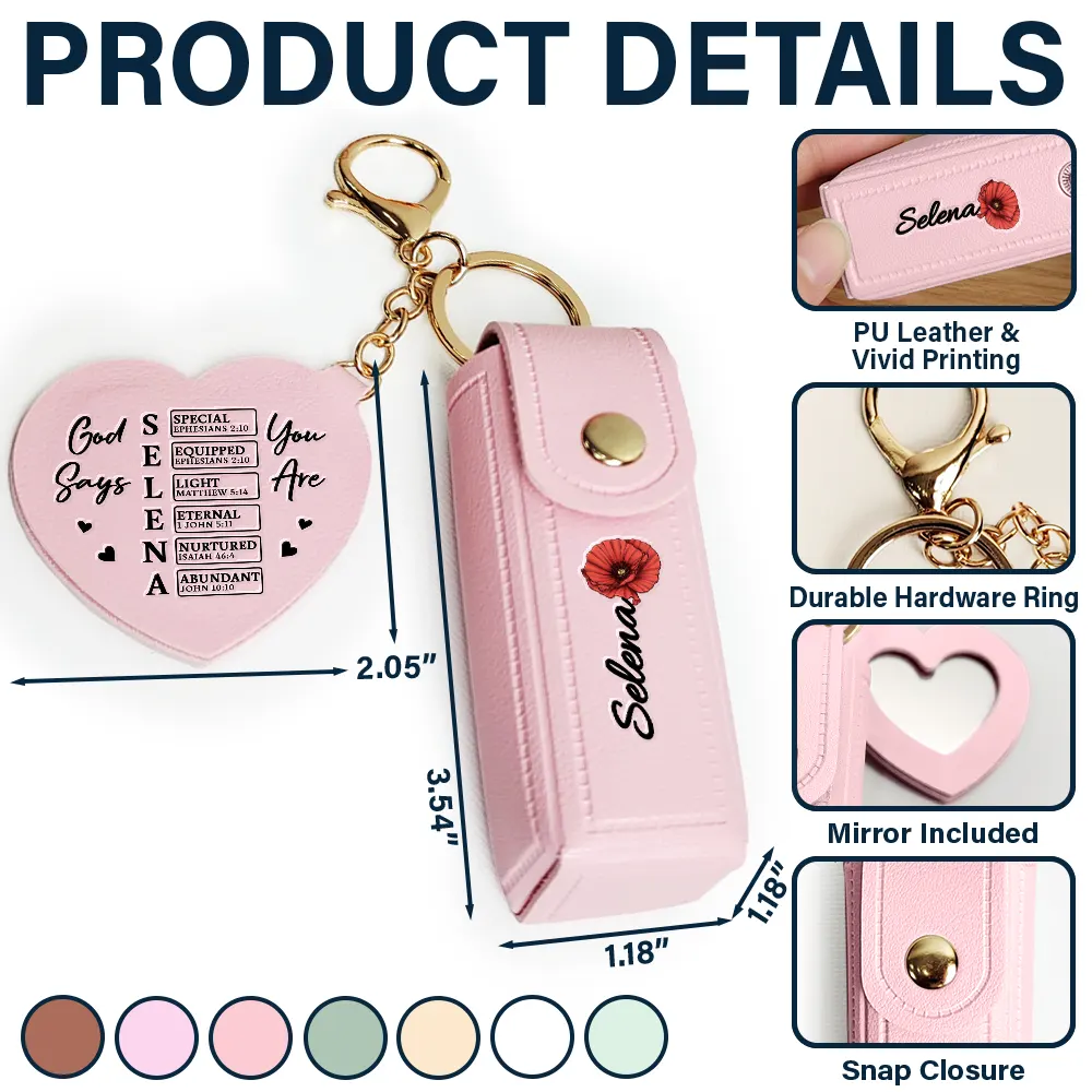 God Says You Are Birth Month Flower - Personalized Leather Lipstick Case Keychain With Mirror - Image 5