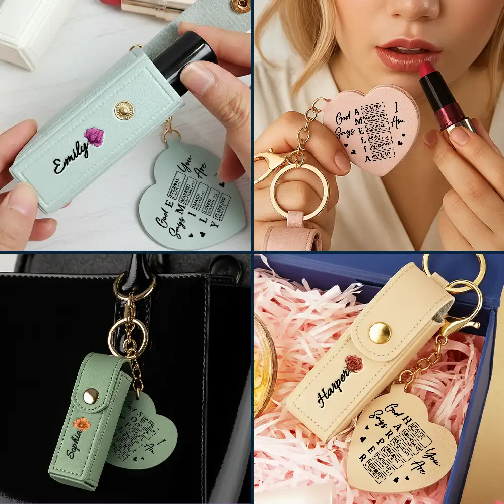 God Says You Are Birth Month Flower - Personalized Leather Lipstick Case Keychain With Mirror - Image 6