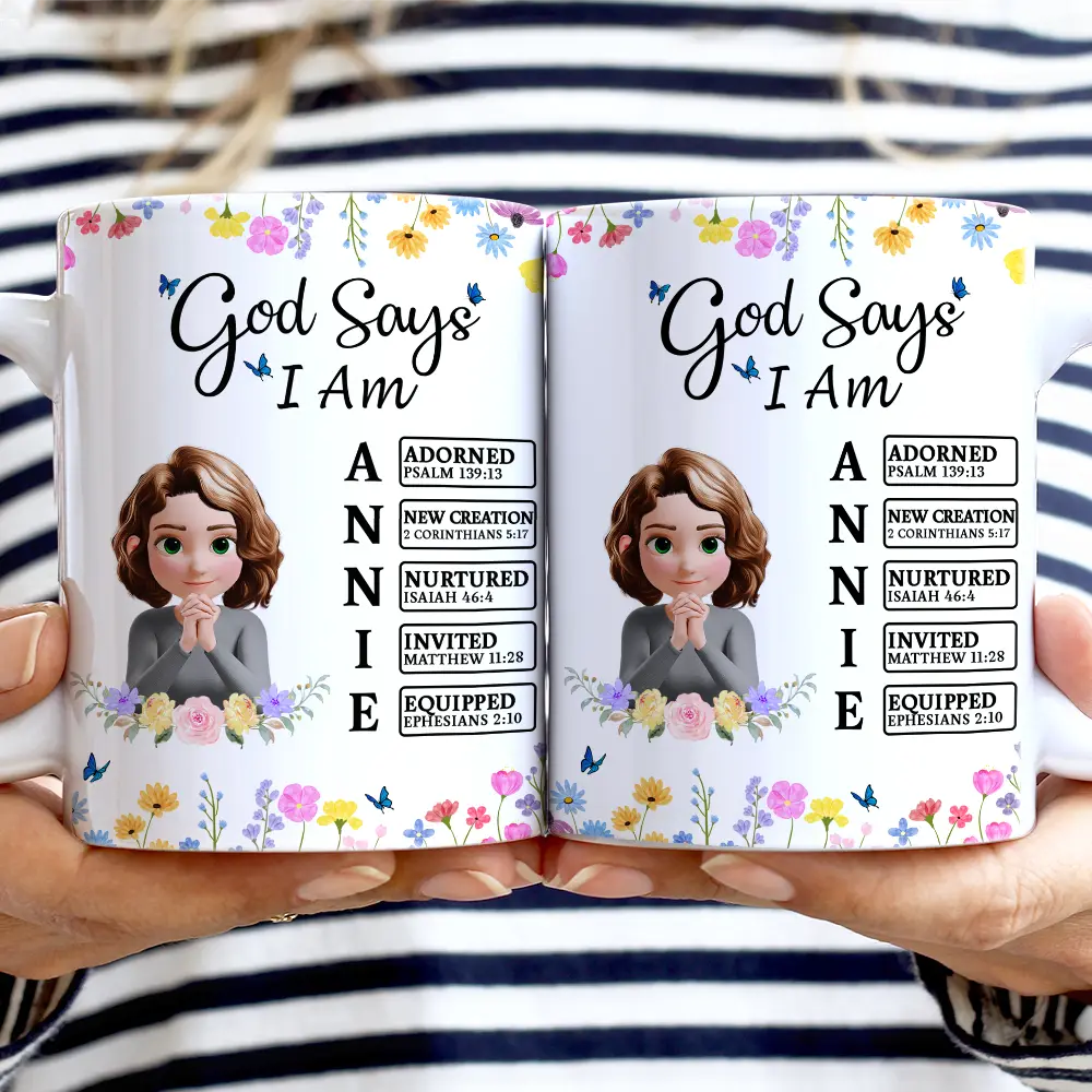 God Says You Are Praying Woman Girl With Flower Base - Personalized White Edge-to-Edge Mug - Image 2