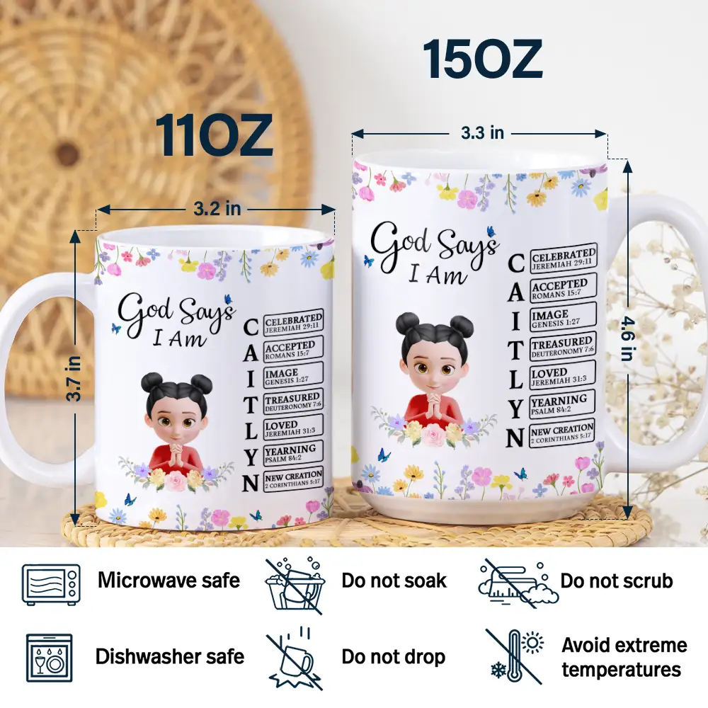 God Says You Are Praying Woman Girl With Flower Base - Personalized White Edge-to-Edge Mug - Image 5