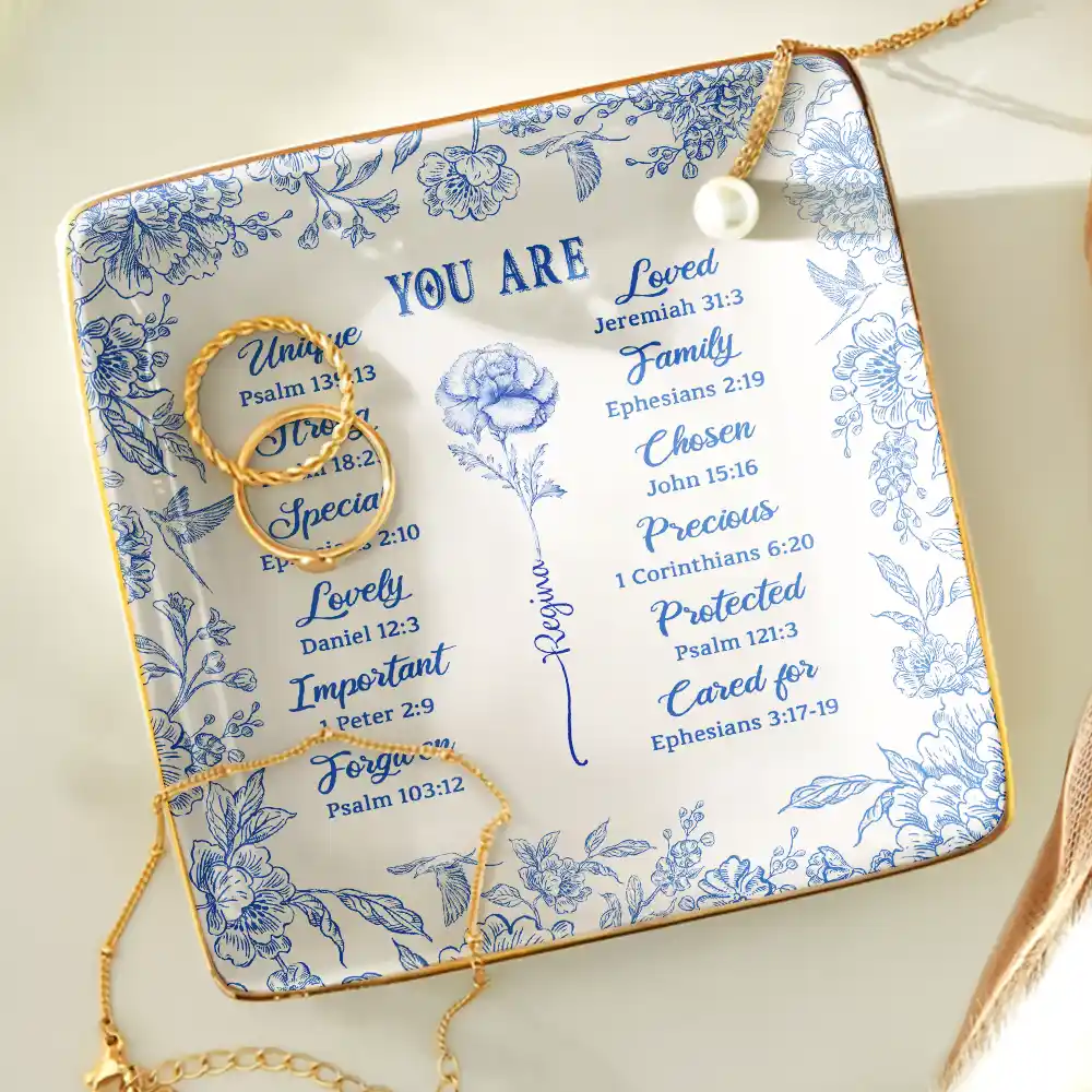God Says You Are Toile De Jouy Birth Flower - Personalized Ring Dish - Image 4