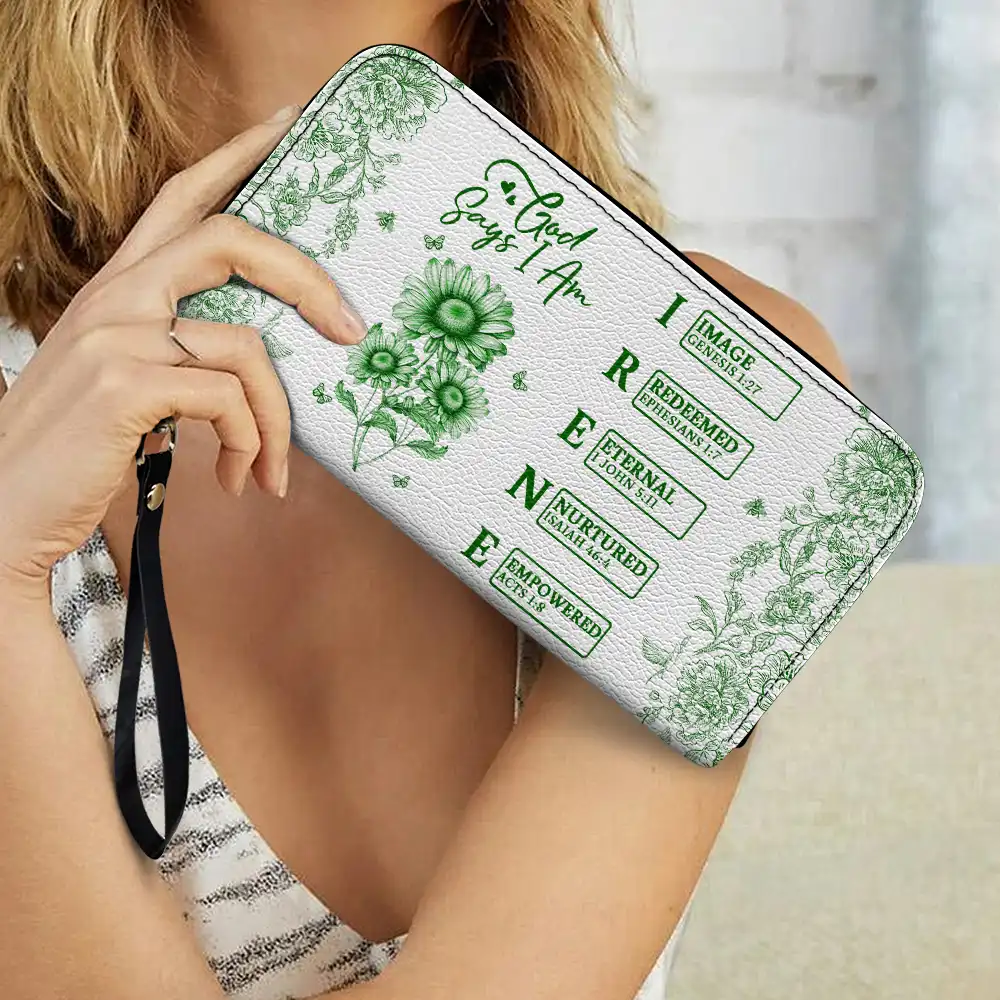 God Says You Are Toile Pattern - Personalized Leather Long Wallet - Image 3