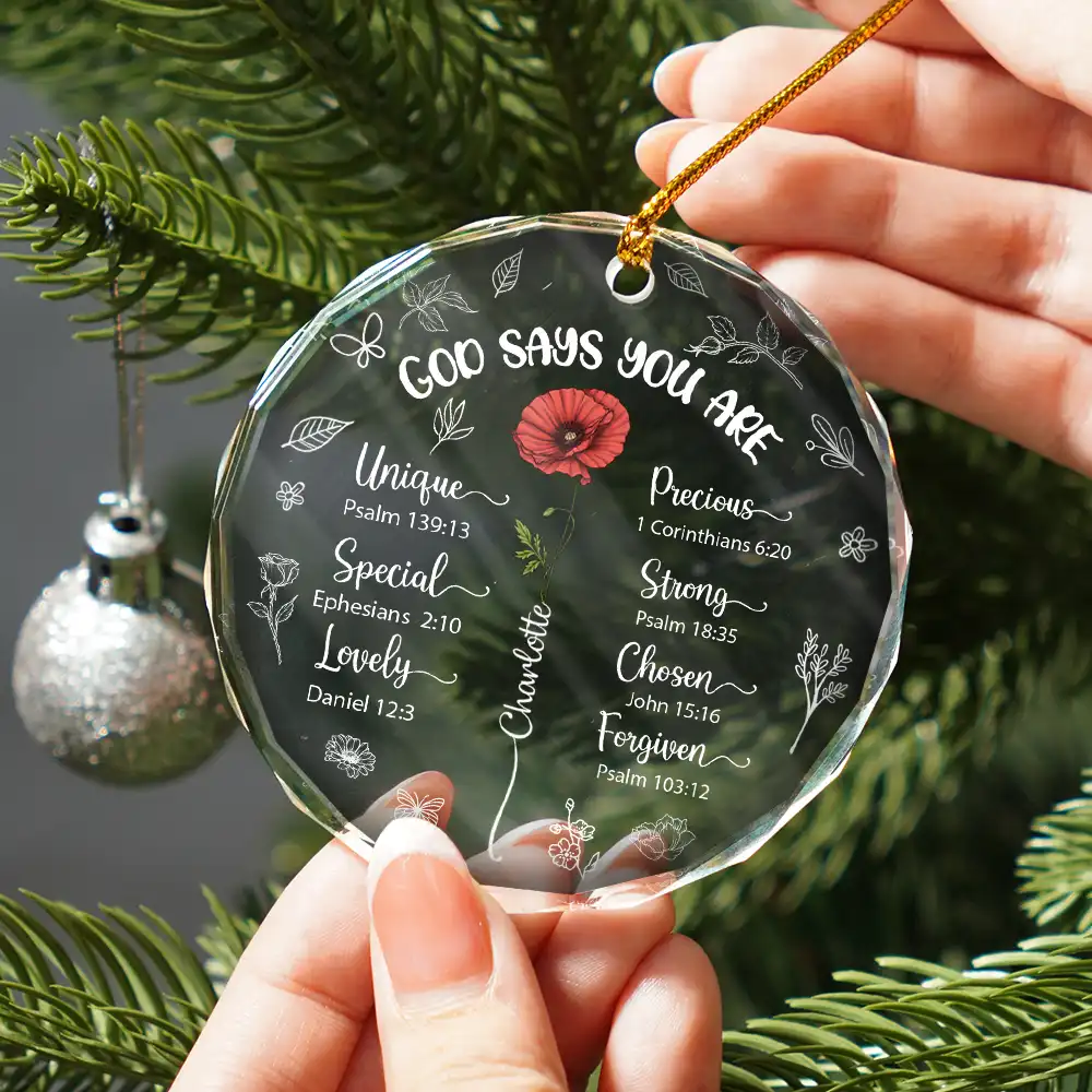 God Says You Are Unique Special Lovely Birth Month Flower - Personalized Circle Glass Ornament - Image 2
