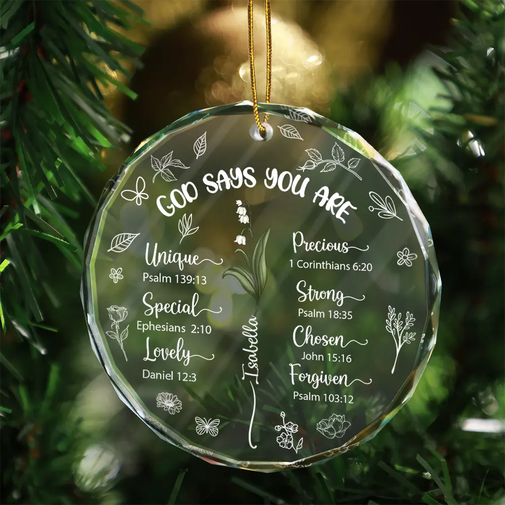 God Says You Are Unique Special Lovely Birth Month Flower - Personalized Circle Glass Ornament - Image 3