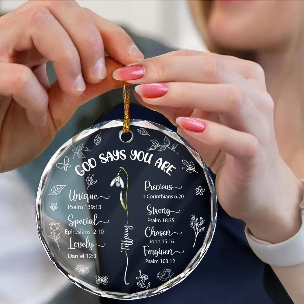 God Says You Are Unique Special Lovely Birth Month Flower - Personalized Circle Glass Ornament - Image 4