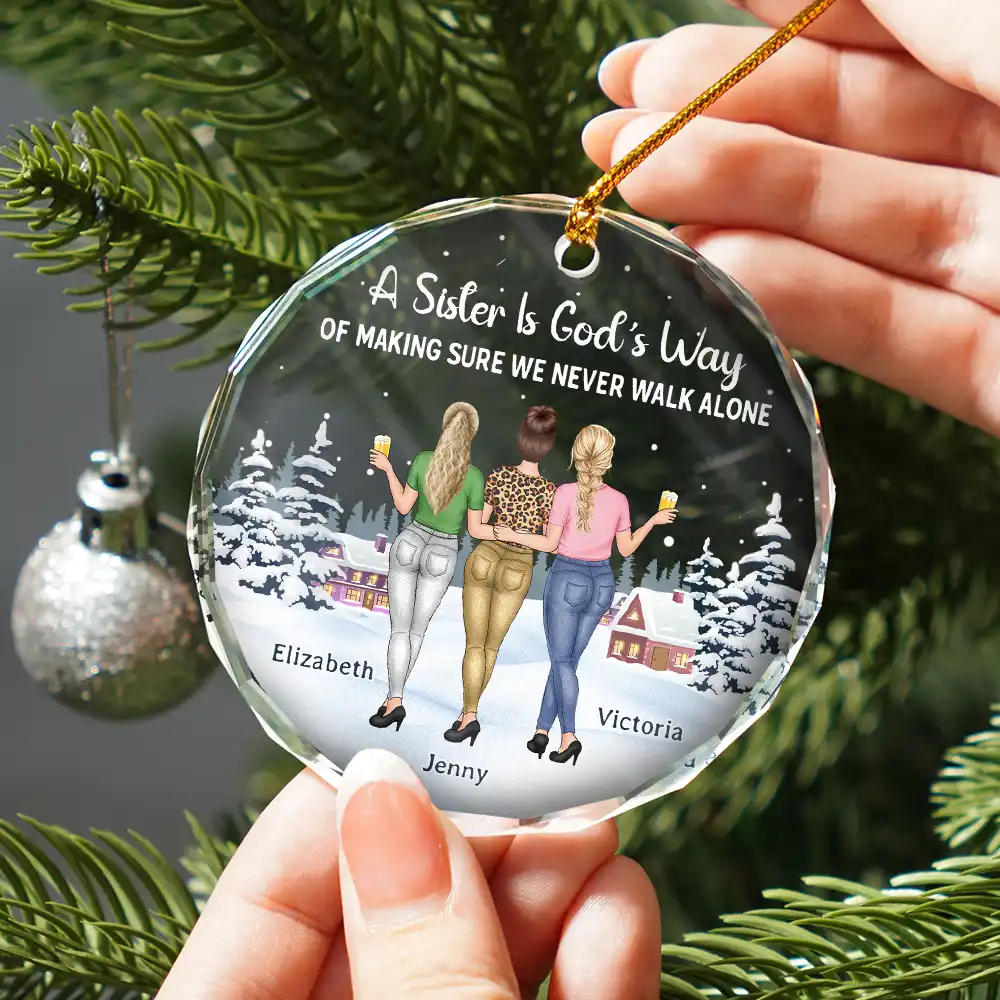 God's Way Of Making Sure We Never Walk Alone - Personalized Circle Glass Ornament - Image 2