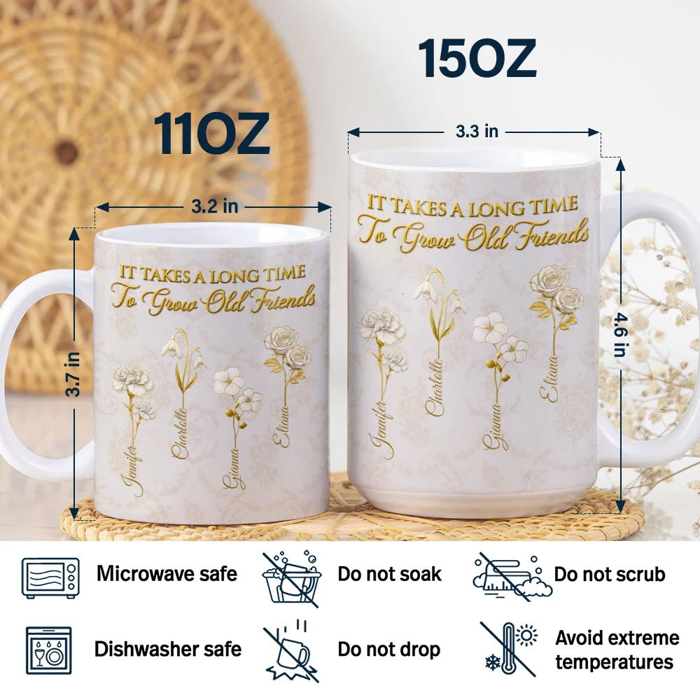 Gold Birth Month Flower Grow An Old Friend - Personalized White Edge-to-Edge Mug - Image 5