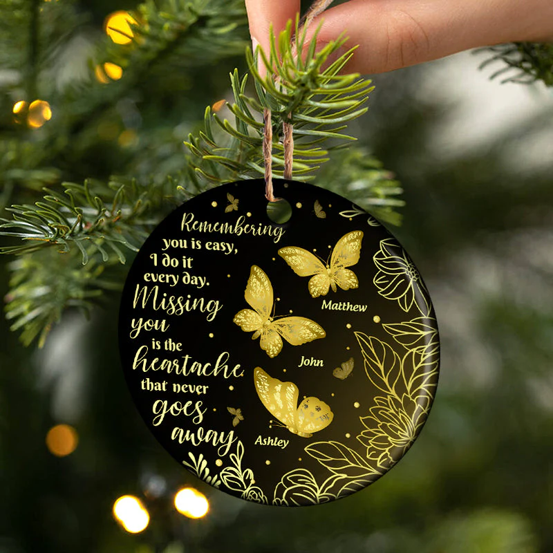 Gold Butterfly Missing You - Memorial Gift - Personalized Custom Circle Ceramic Ornament - Image 3