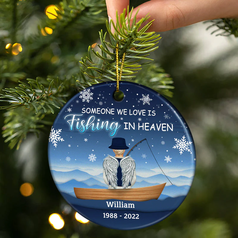 Gone Fishing In Heaven Christmas - Family Memorial Gift - Personalized Custom Circle Ceramic Ornament - Image 2