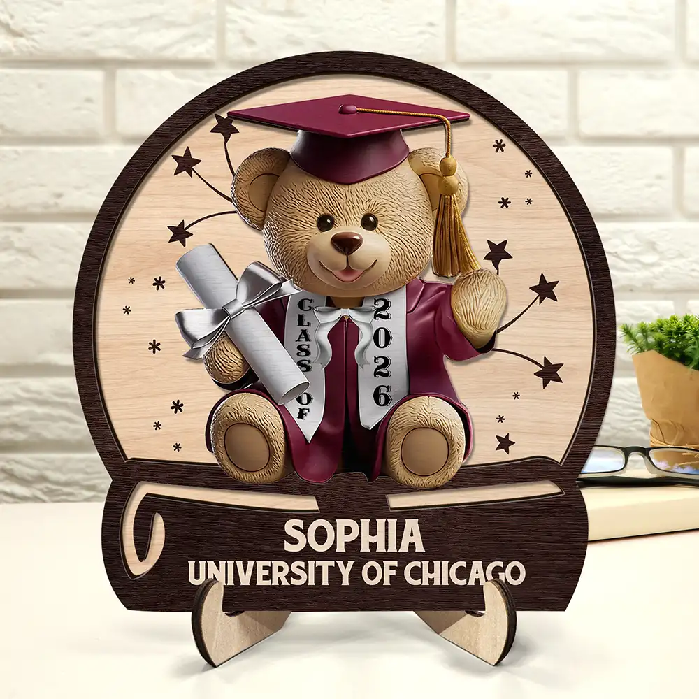 Graduation Bear 3D Effect - Personalized 2-Layered Wooden Plaque With Stand