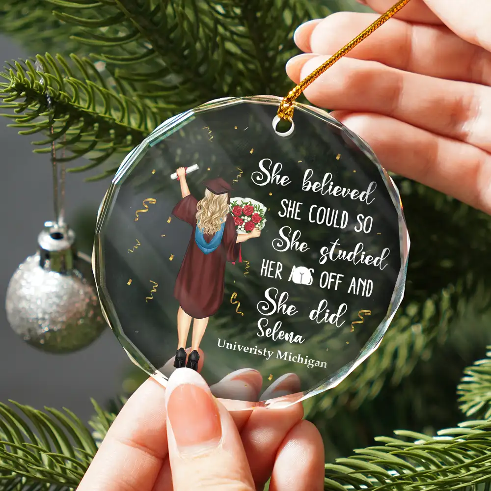 Graduation She Believed She Could - Personalized Circle Glass Ornament - Image 2