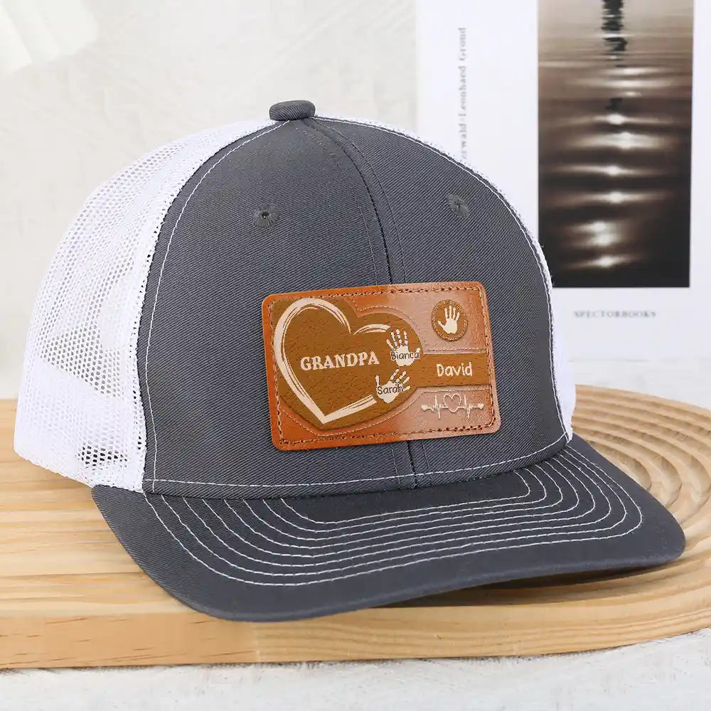 Granddad Dad Kids Handprints Heart - Personalized Leather Patch Hat - Image 3