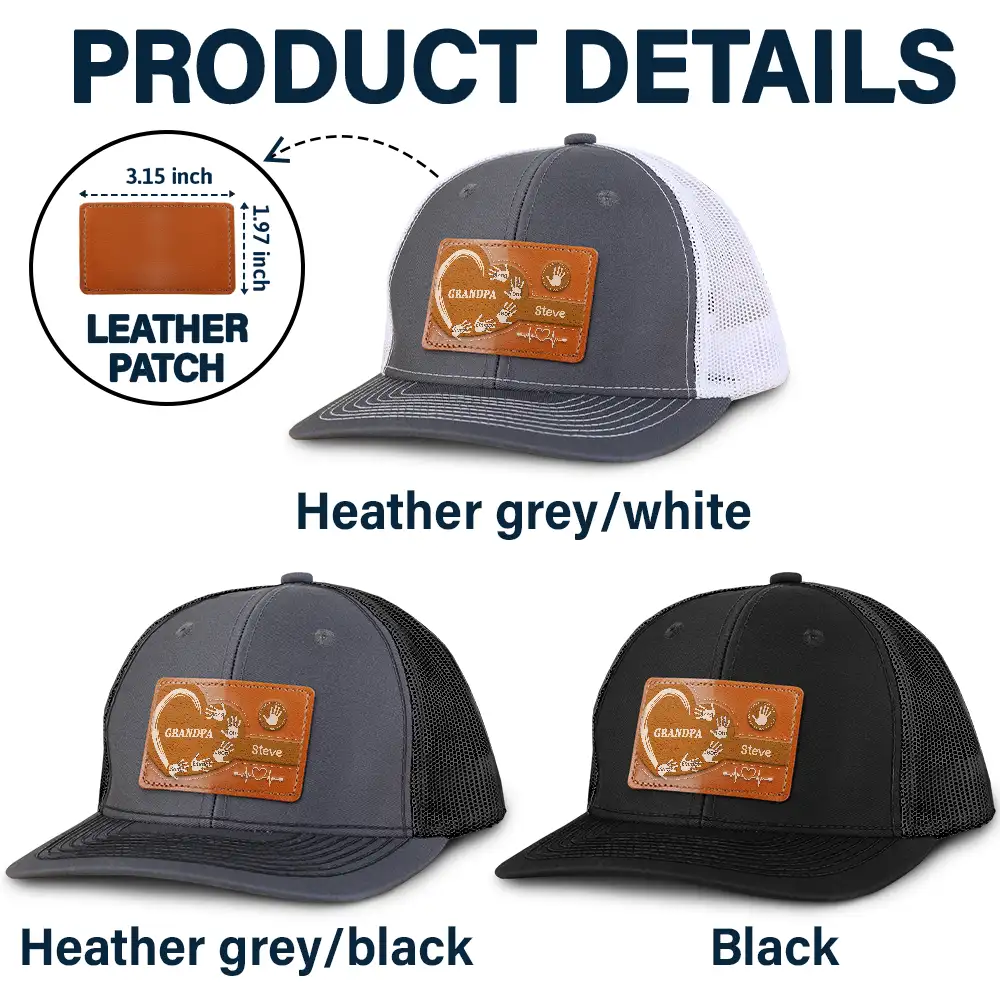 Granddad Dad Kids Handprints Heart - Personalized Leather Patch Hat - Image 5