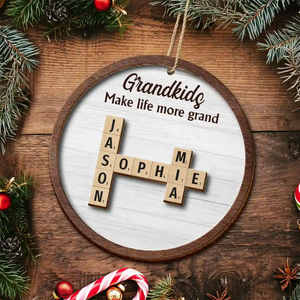 Grandkids Christmas Crossword Scrabble - Personalized 2-Layered Wooden Ornament - Image 6