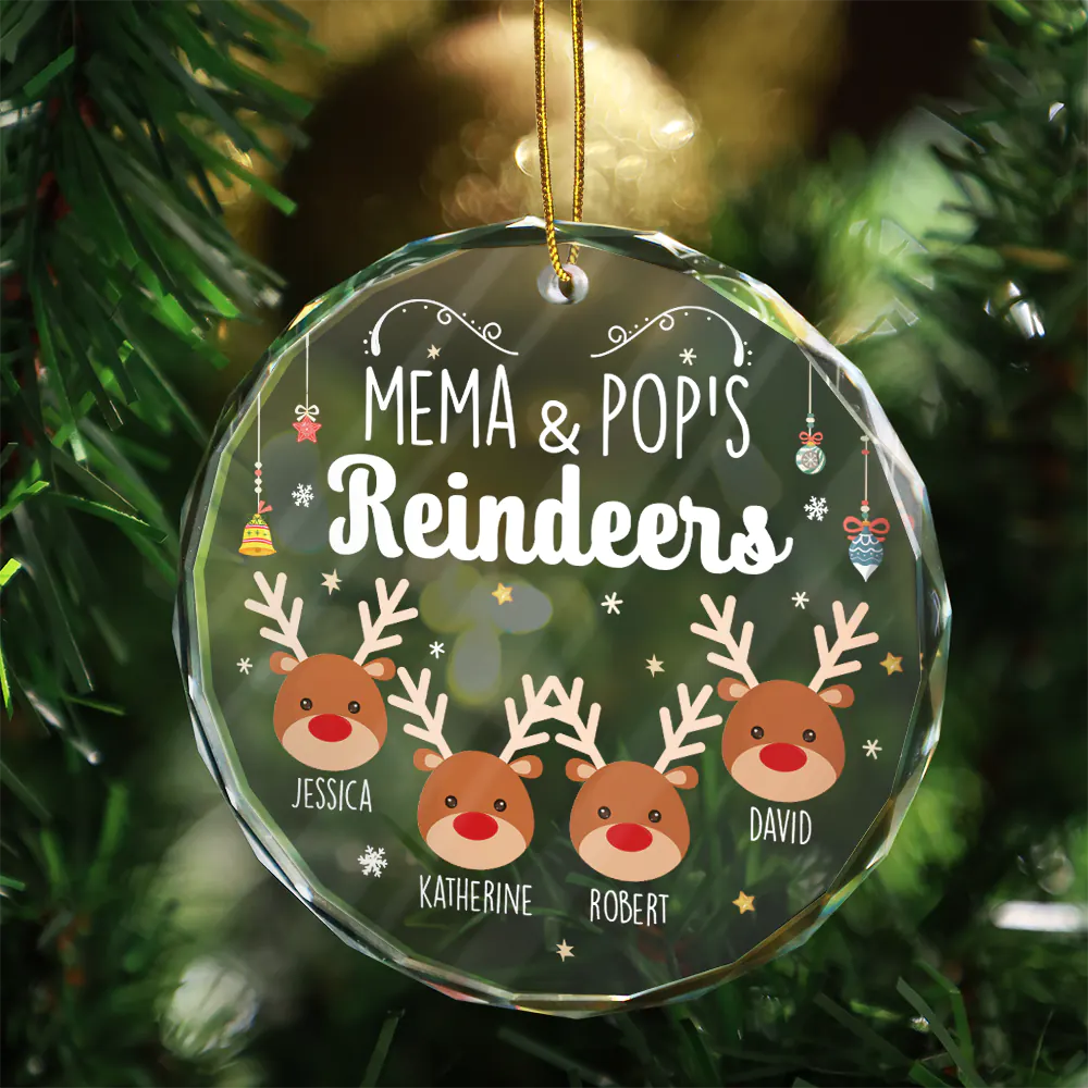 Grandkids Grandma Grandpa Mom Dad Reindeer - Personalized Circle Glass Ornament - Image 3