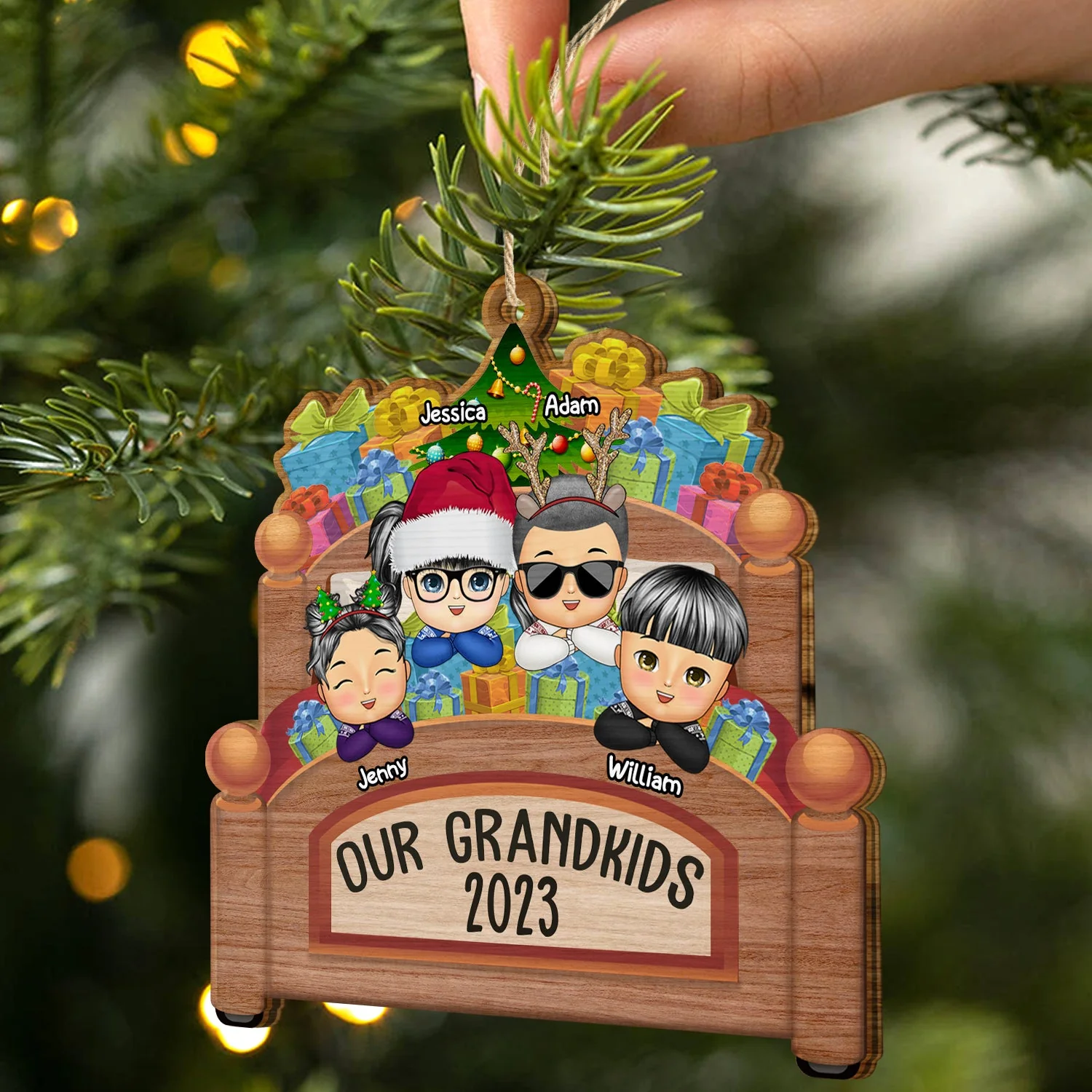 Grandkids In Bed - Christmas, Loving Gift For Grandpa, Grandma, Grandparents - Personalized Custom Shaped Wooden Ornament - Image 2
