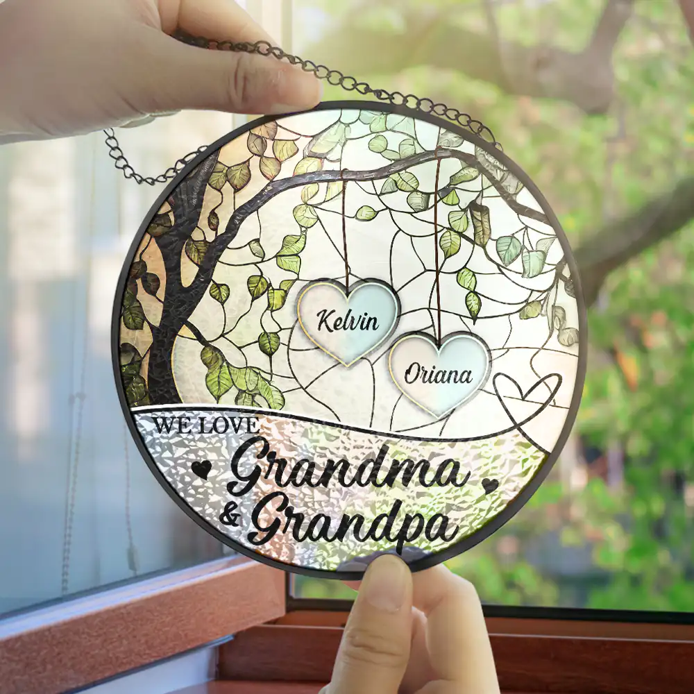 Grandkids Make Life Grand We Love Nana And Papa - Personalized Stained Glass Window Hanging Suncatcher - Image 4