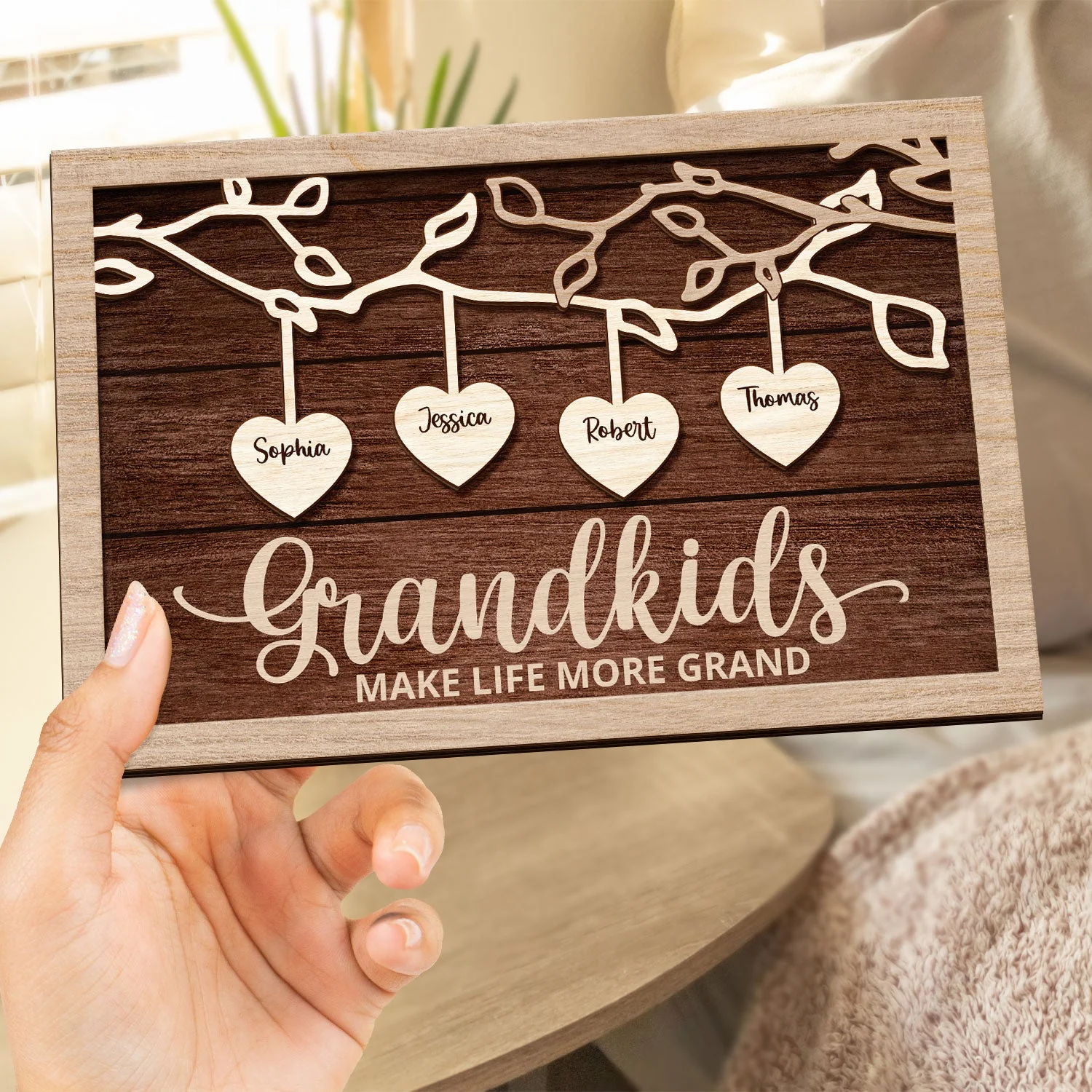 Grandkids Make Life More Grand - Gift For Grandma, Grandpa, Grandparents, Dad, Mom - Personalized 2-Layered Wooden Plaque With Stand - Image 4