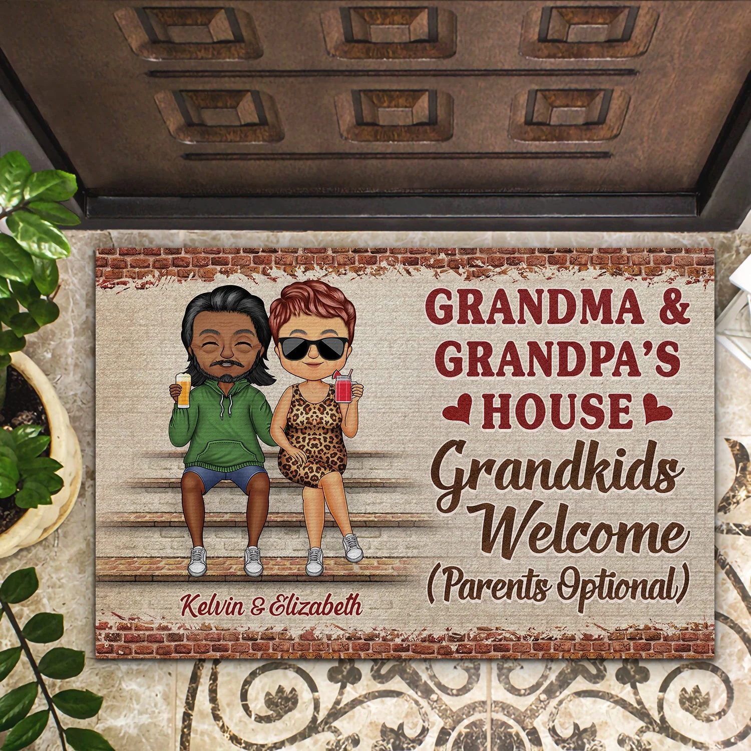 Grandma And Grandpa's House Grandkids Welcome Parents Optional Chibi Couple Grandparents - Family Gift - Personalized Custom Doormat - Image 2