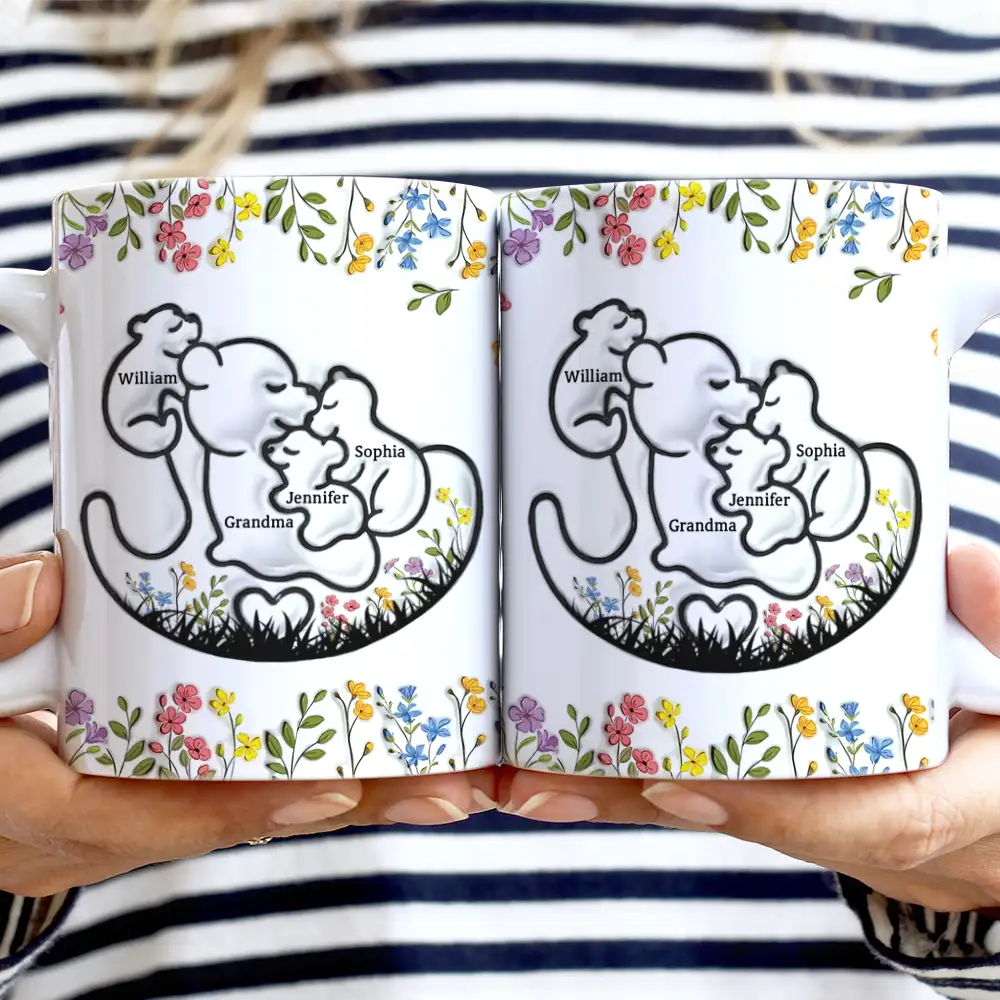 Grandma Bear Floral - 3D Inflated Effect Printed Mug, Personalized White Edge-to-Edge Mug - Image 2