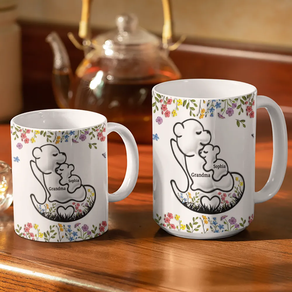 Grandma Bear Floral - 3D Inflated Effect Printed Mug, Personalized White Edge-to-Edge Mug - Image 3
