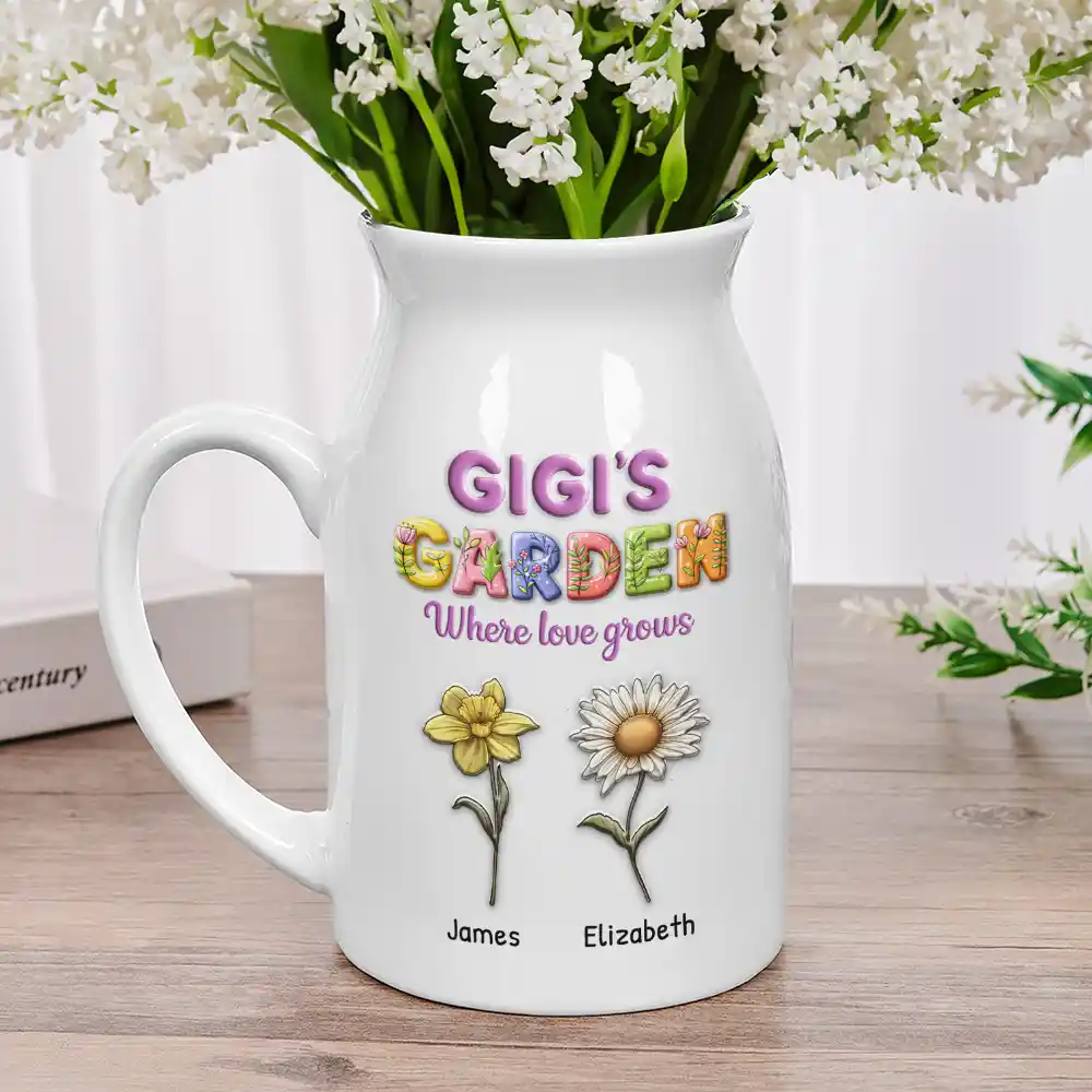 Grandma Garden Where Love Grow 3D Effect Birth Flower - Personalized Ceramic Flower Vase - Image 2
