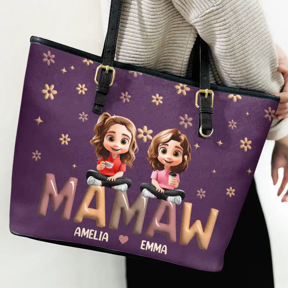 Grandma Grandkid Cartoon - Personalized Leather Tote Bag - Image 3
