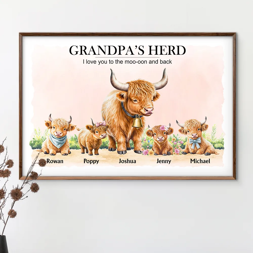Grandma Grandpa I Love You To The Moo-oon And Back Highland Cow - Personalized Poster - Image 3