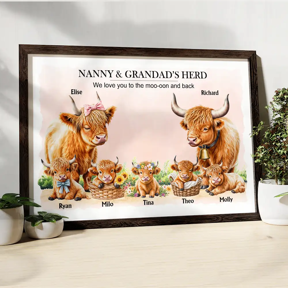 Grandma Grandpa I Love You To The Moo-oon And Back Highland Cow - Personalized Poster - Image 4