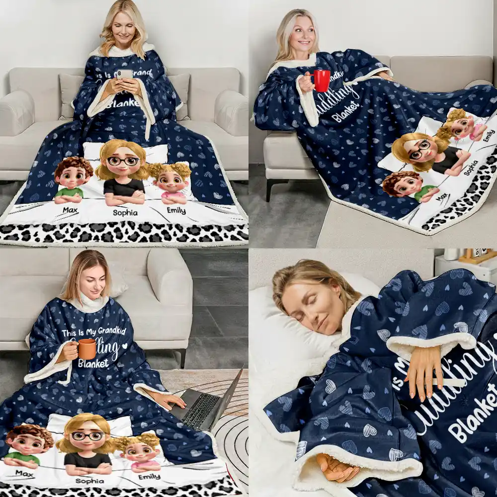 Grandma Grandpa My Grandkid Cuddling - Personalized Wearable Blanket With Sleeves - Image 6
