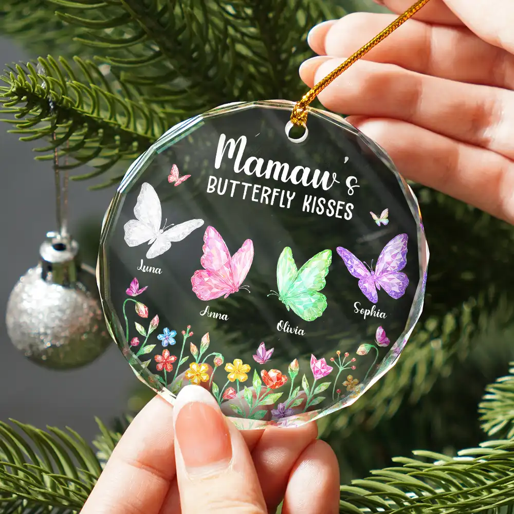 Grandma Kisses Crystal Effect Butterflies - Personalized Circle Glass Ornament - Image 2