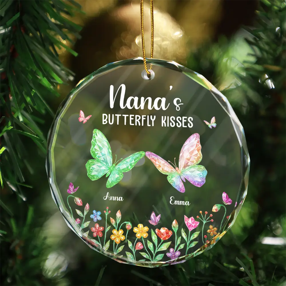 Grandma Kisses Crystal Effect Butterflies - Personalized Circle Glass Ornament - Image 3