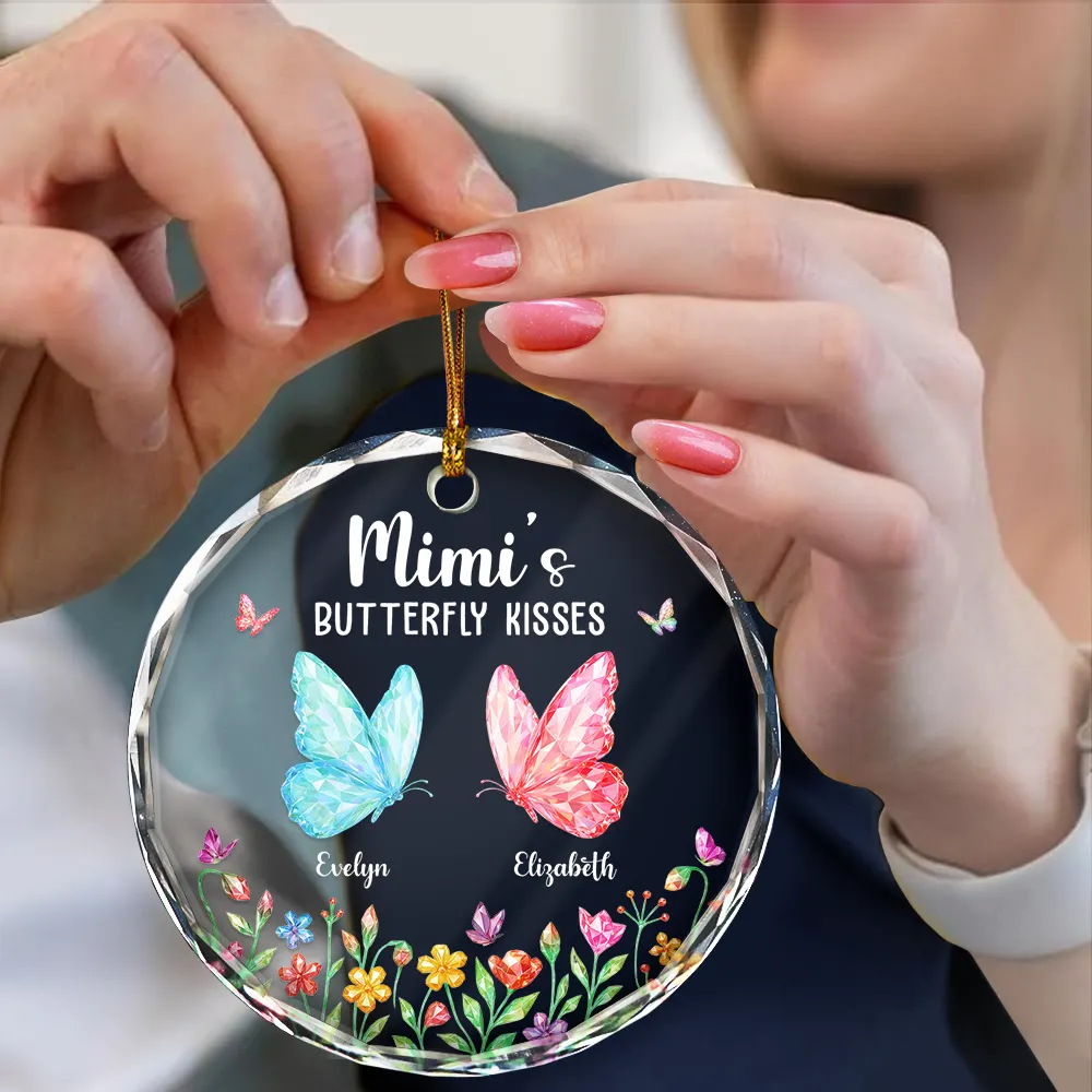 Grandma Kisses Crystal Effect Butterflies - Personalized Circle Glass Ornament - Image 4