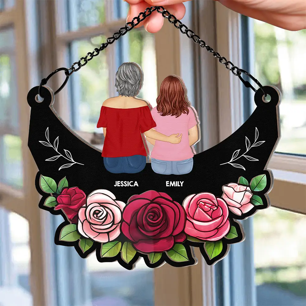 Grandma Mom And Children Sitting On Floral Moon - Personalized Window Hanging Suncatcher Ornament - Image 2