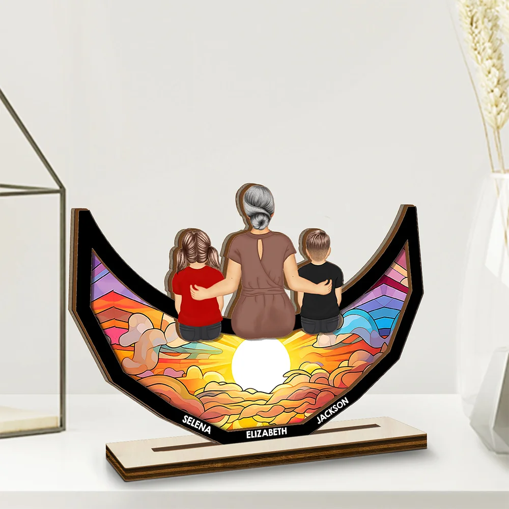 Grandma Mom And Children Sitting On The Moon - Personalized Custom Shaped 2-Layered Wooden Plaque - Image 2