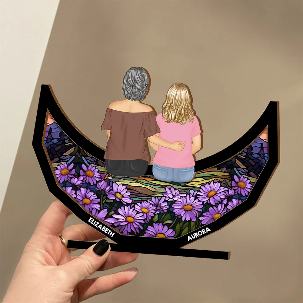 Grandma Mom And Children Sitting On The Moon - Personalized Custom Shaped 2-Layered Wooden Plaque - Image 3