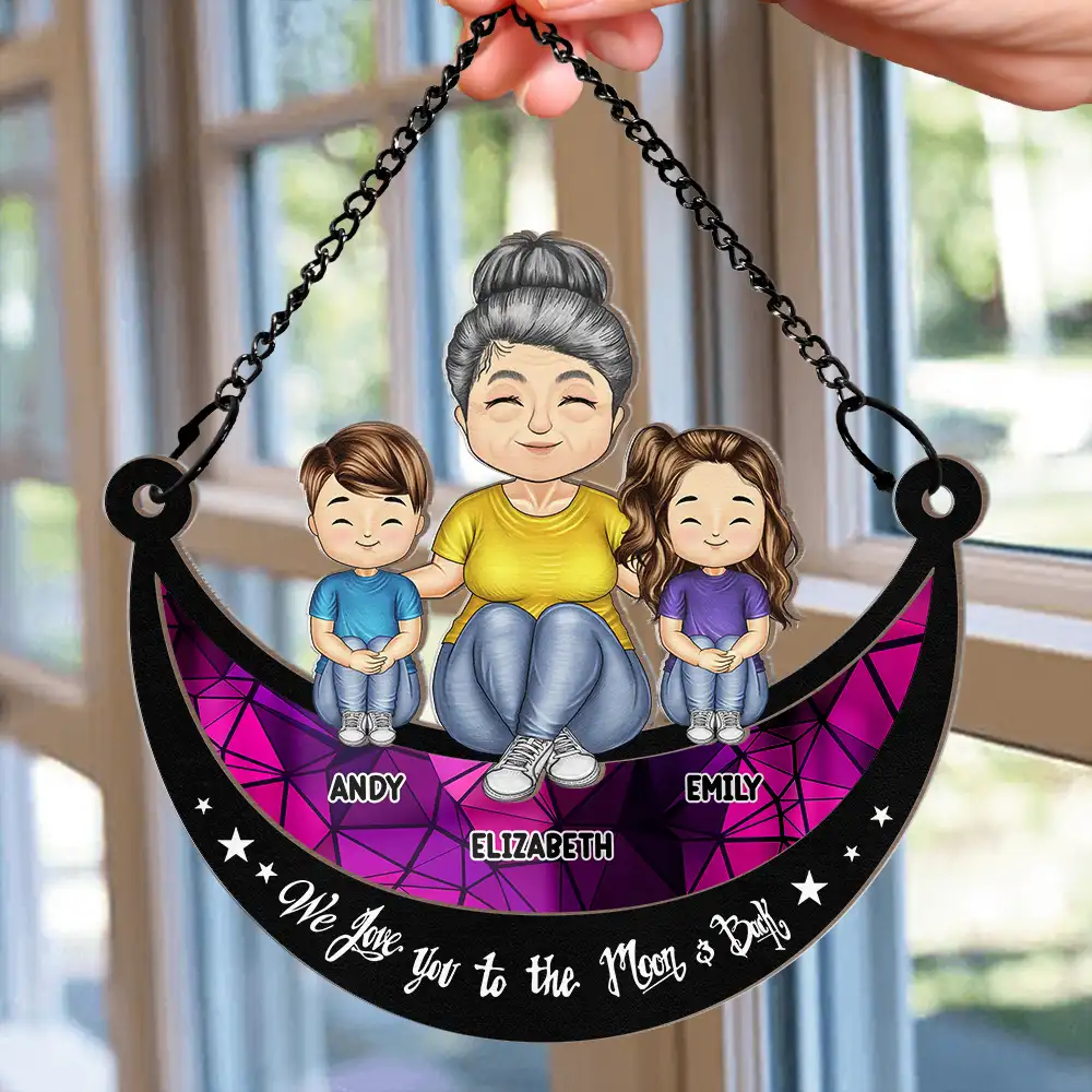 Grandma Mom And Kids On Moon - Personalized Window Hanging Suncatcher Ornament - Image 2