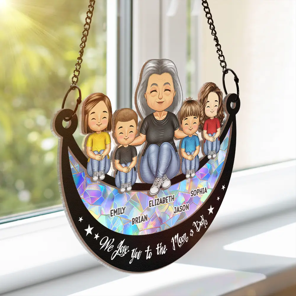 Grandma Mom And Kids On Moon - Personalized Window Hanging Suncatcher Ornament - Image 3
