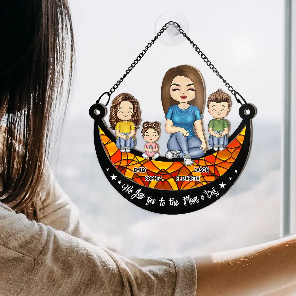 Grandma Mom And Kids On Moon - Personalized Window Hanging Suncatcher Ornament - Image 4