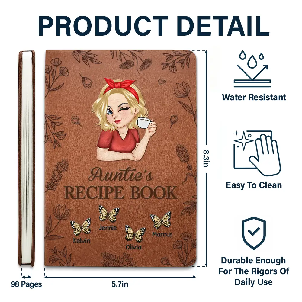 Grandma Mom Auntie Butterfly Recipe Cookbook - Personalized Leather Journal - Image 5