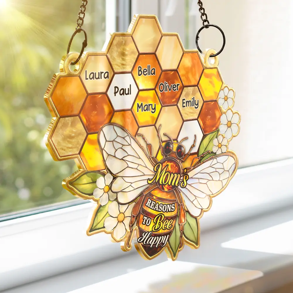 Grandma Mom Bee Stained Glass Effect - Personalized Window Hanging Suncatcher Ornament - Image 3