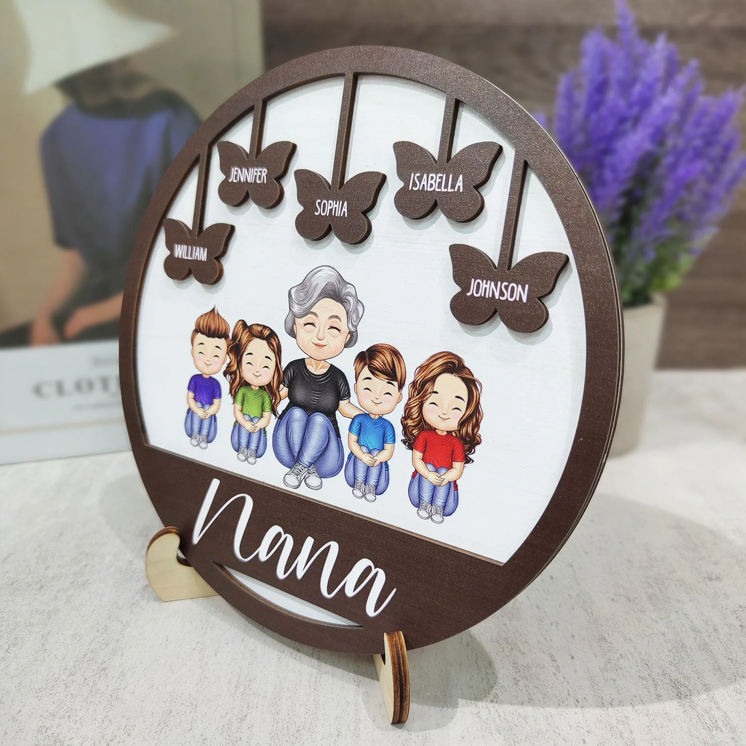 Grandma Mom Grandkids Kids Butterflies - Gift For Mother, Grandmother - Personalized 2-Layered Wooden Plaque With Stand - Image 2