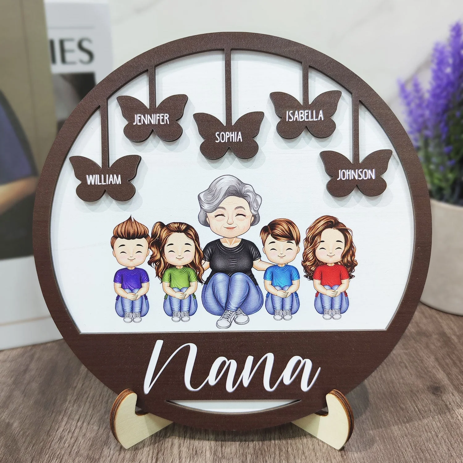 Grandma Mom Grandkids Kids Butterflies - Gift For Mother, Grandmother - Personalized 2-Layered Wooden Plaque With Stand - Image 4