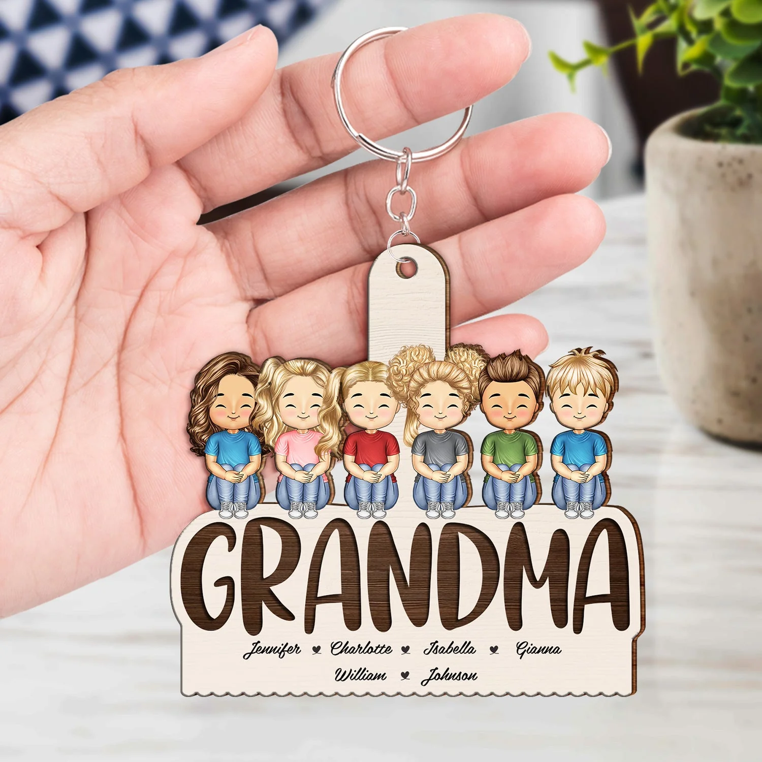 Grandma Mom Grandkids Kids Sitting - Gift For Mother, Grandmother - Personalized Cutout Wooden Keychain - Image 4