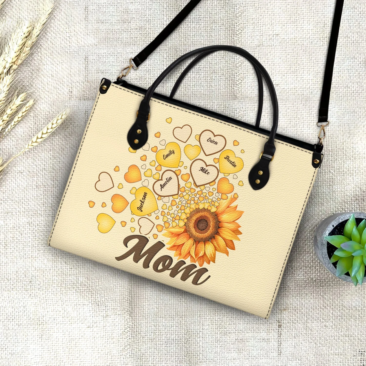 Grandma Mom Kids Sunflower - Gift For Mother, Grandmother - Personalized Leather Bag - Image 4