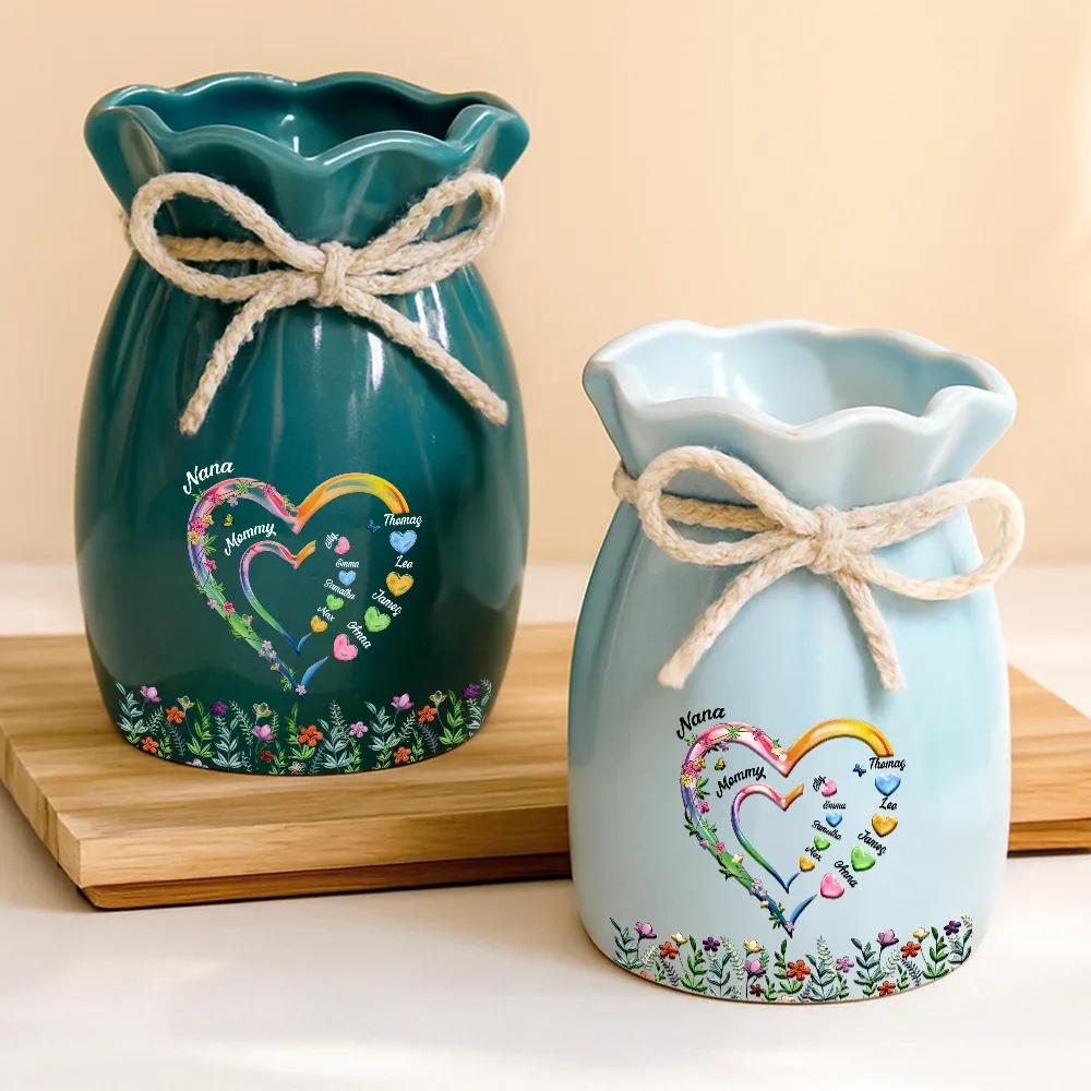Grandma Mom Sweethearts 3D Effect Faux Ceramic Glaze - Personalized Ribbon Tie Flower Vase - Image 3