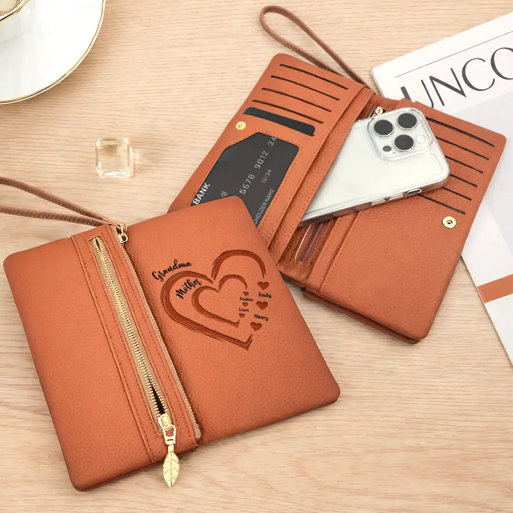 Grandma Mom Sweethearts Faux Debossed - Personalized Tri-Fold PU Leather Wristlet Wallet - Image 4