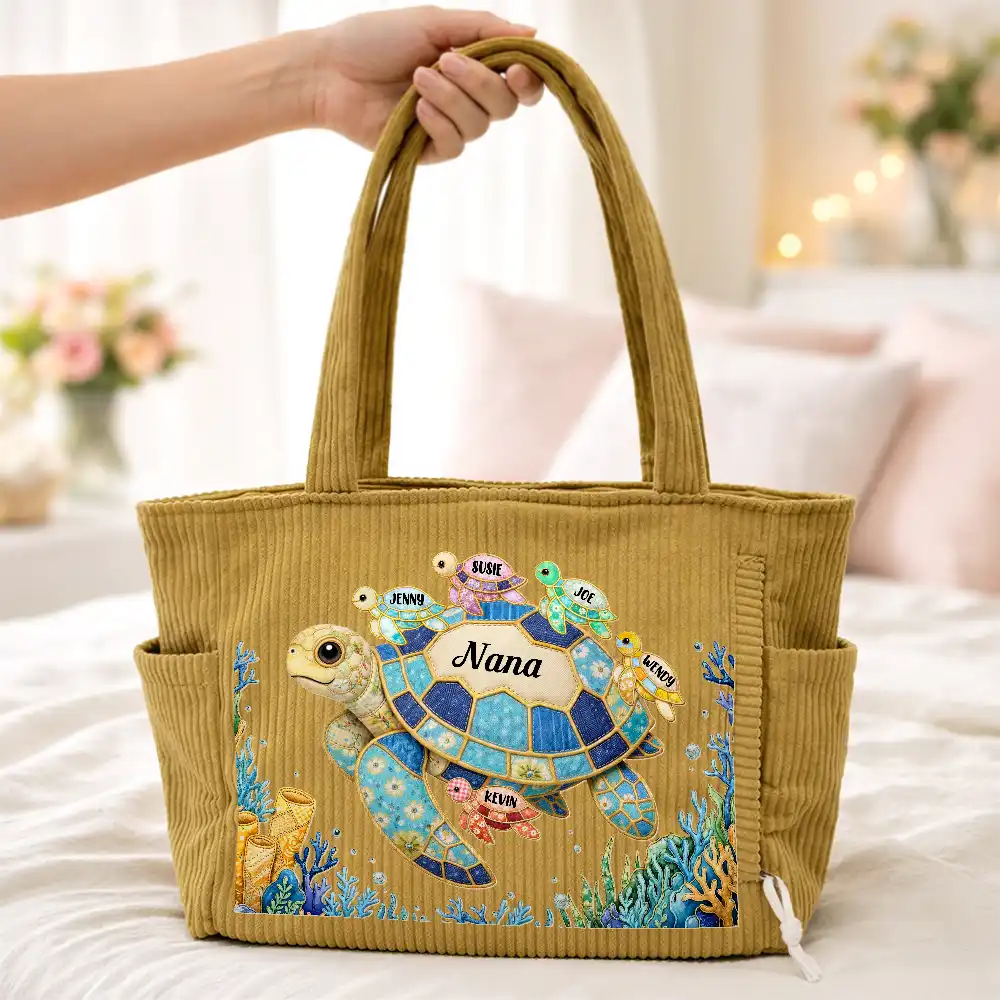 Grandma Mom Turtle Faux Patchwork - Personalized Corduroy Tote Bag - Image 5