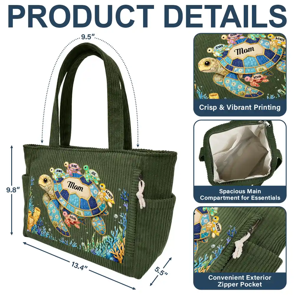 Grandma Mom Turtle Faux Patchwork - Personalized Corduroy Tote Bag - Image 6