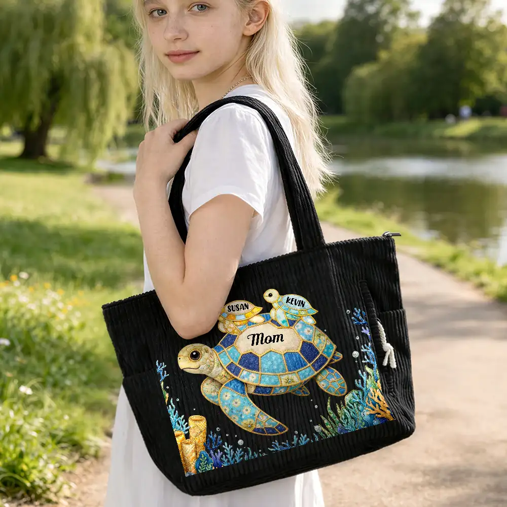Grandma Mom Turtle Faux Patchwork - Personalized Corduroy Tote Bag - Image 7